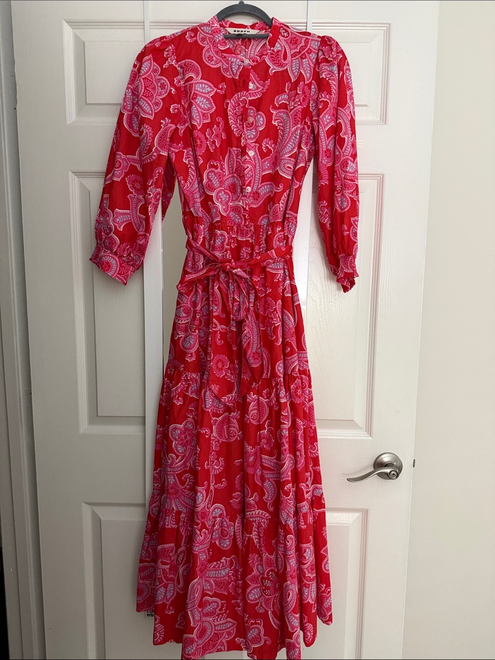 Red Paisley Midi Dress with Tie Waist